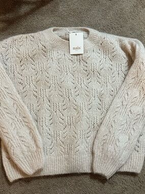 Nais Cream Open-Work Crewneck Sweater